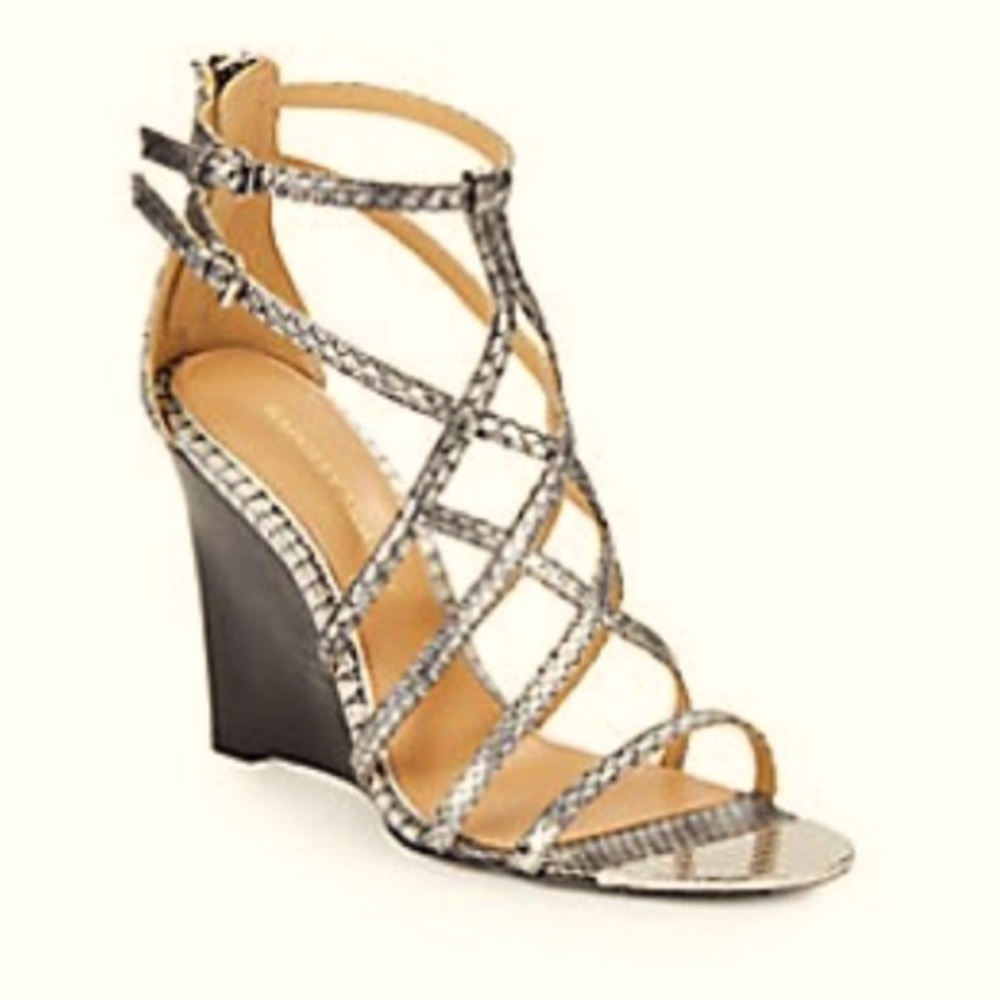 Badgley Mischka
Mora Snake-Embossed Leather Wedge Sandals
